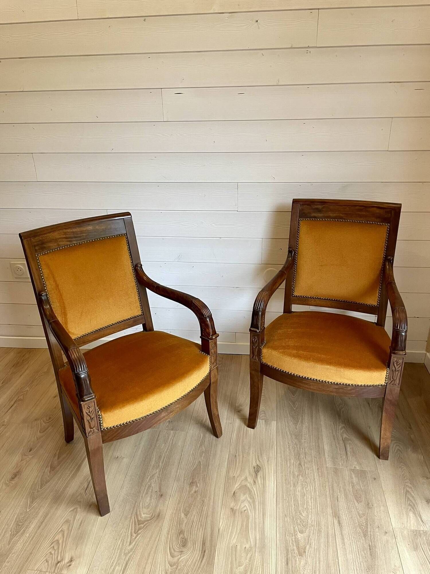 2 vintage style Directoire or Empire armchairs / cabriolets – orange velvet