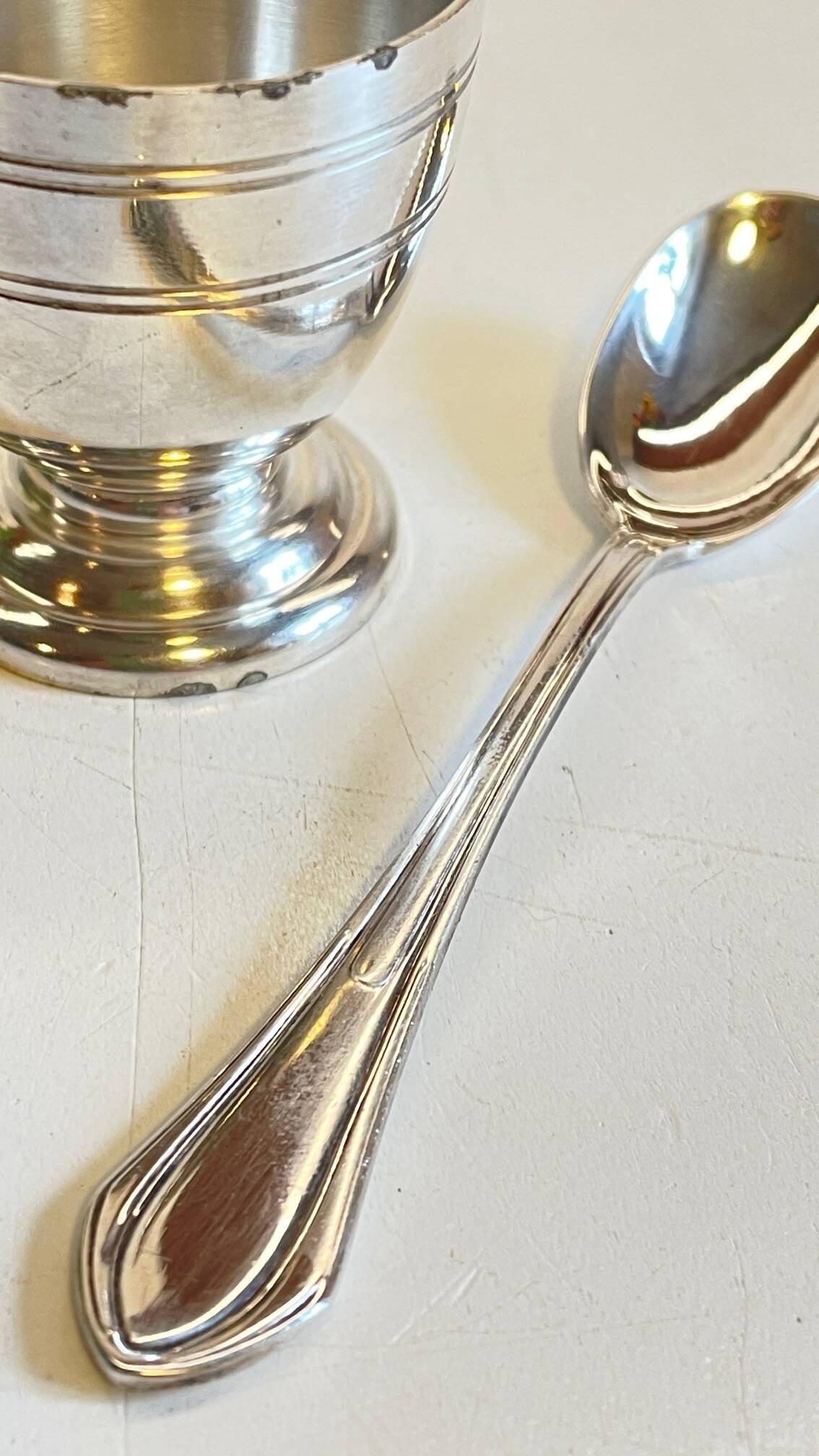 Vintage Silver-Plated Metal Egg Cup and Spoon for Birth