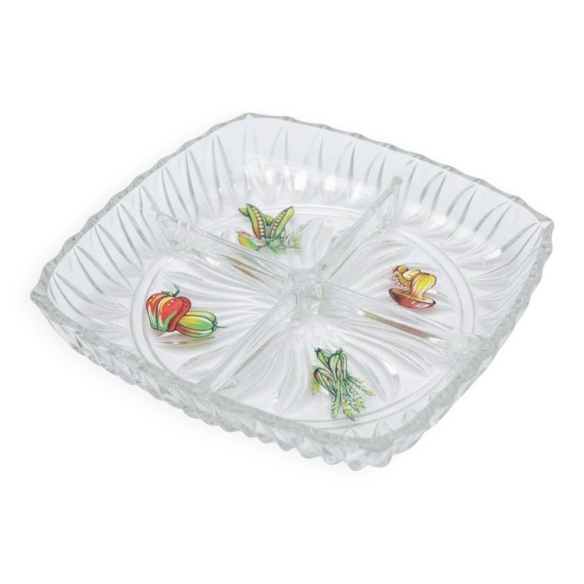 Plateau apéritif vintage en verre compartimenté années 1950