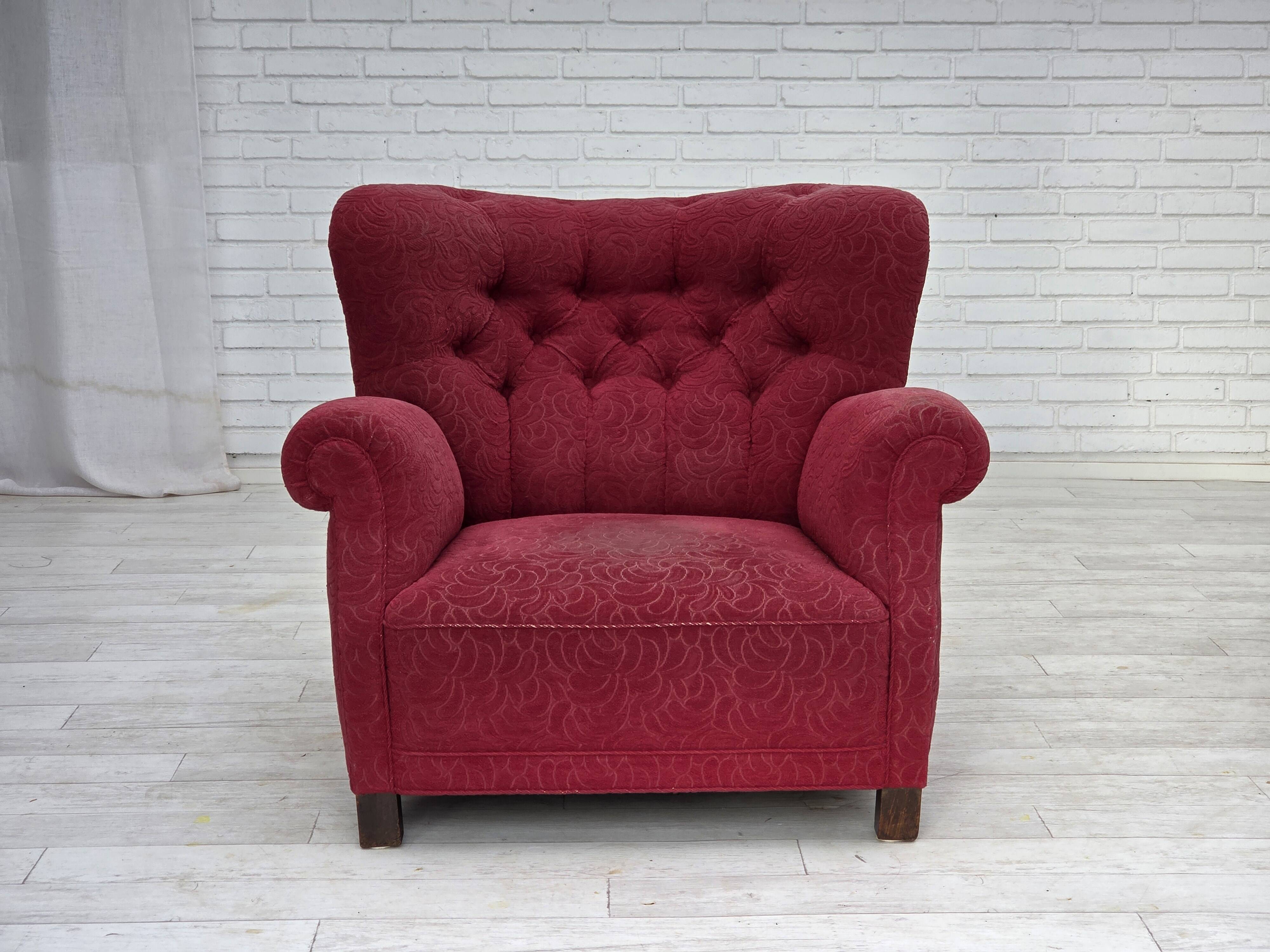 1950s, Danish relax armchair, red furniture fabric, ash wood legs.