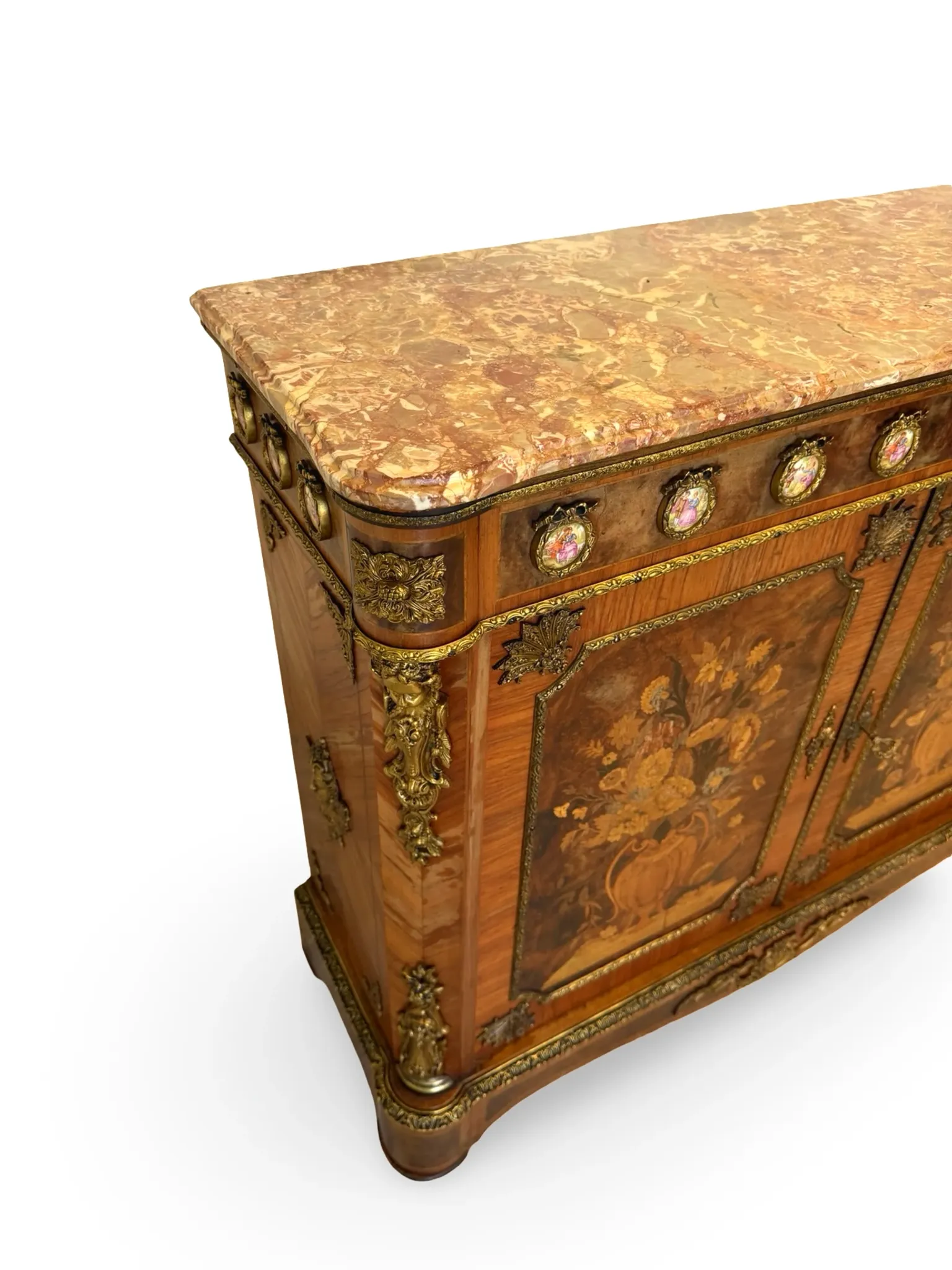 An antique French Louis XVI-style marble-top side cabinet