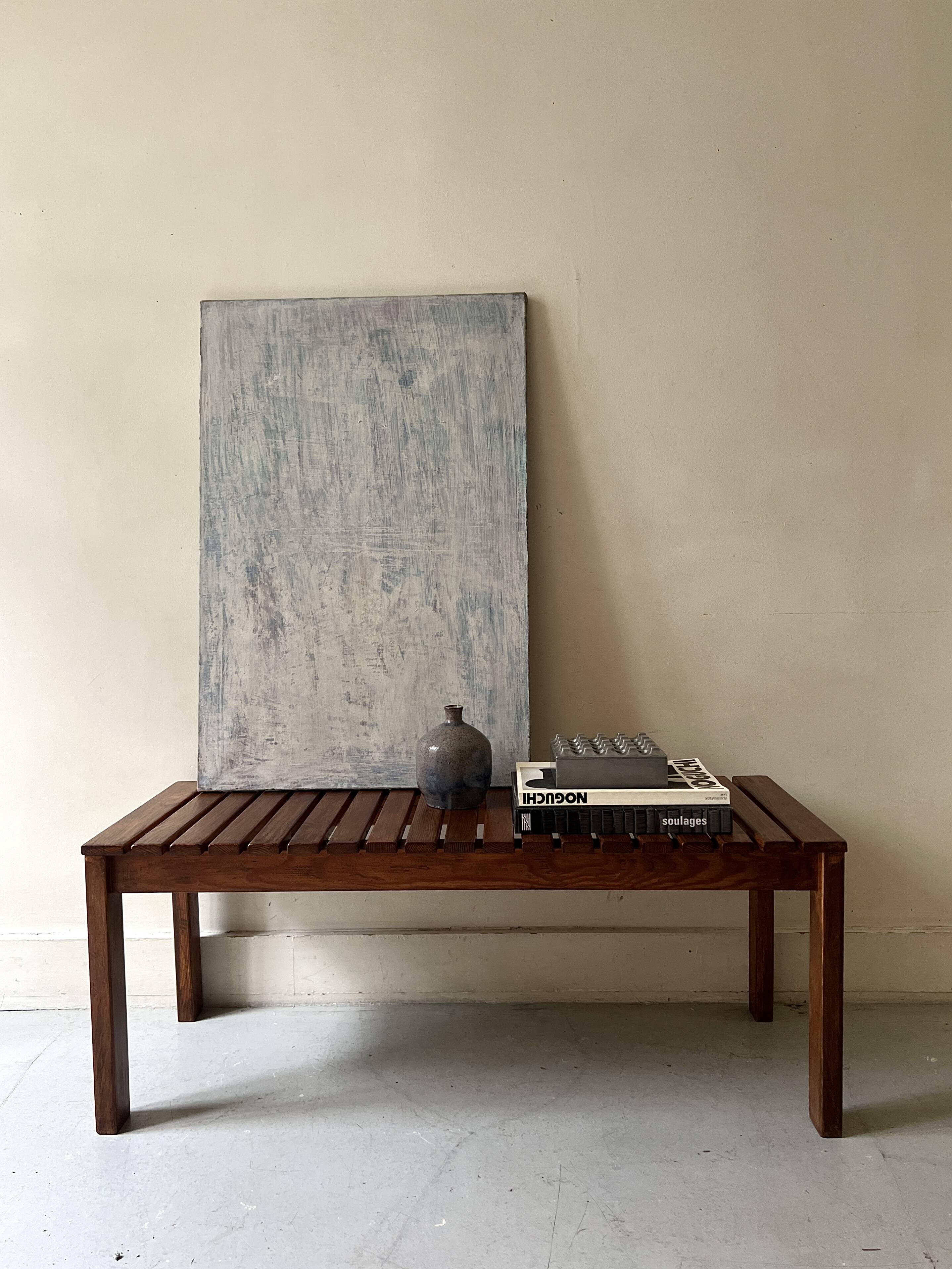 Bench / modernist coffee table made of wooden slats, 1970s design.