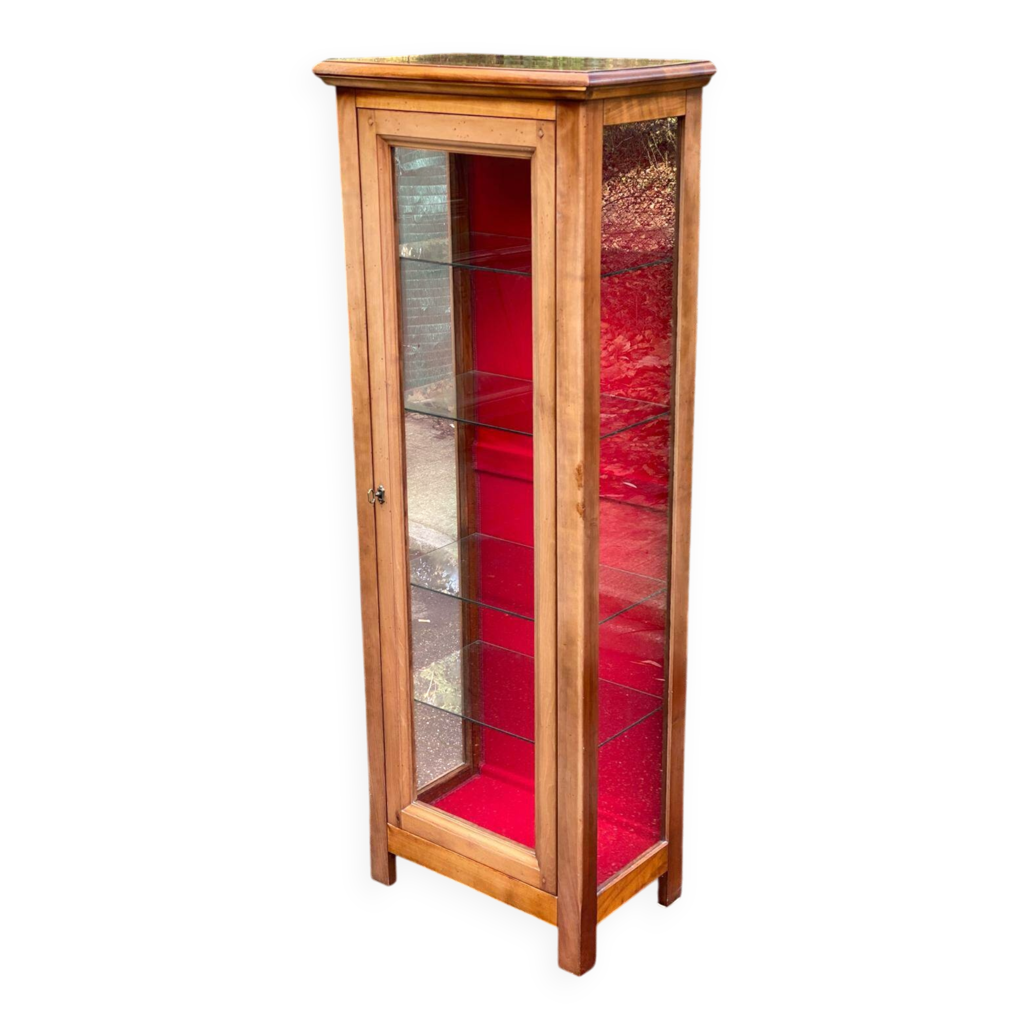 Louis Philippe display cabinet in solid wood and burgundy velvet from the 20th century