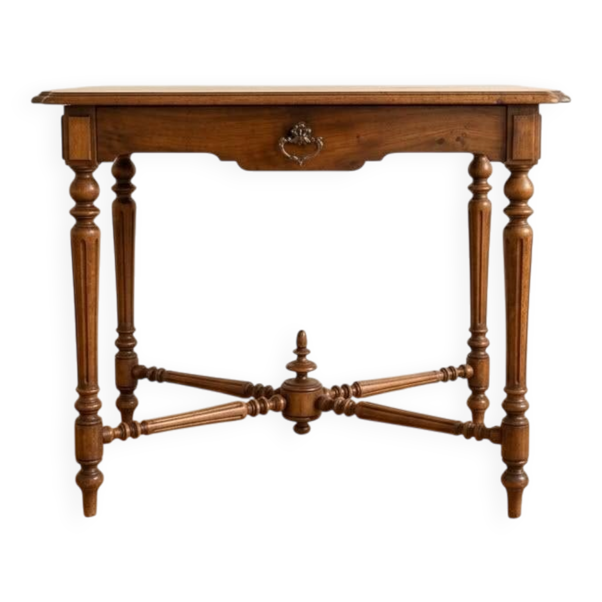 Antique walnut desk with a drawer and turned legs.