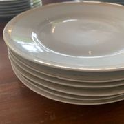 Lot of six flat plates, crockery, old white, gilded