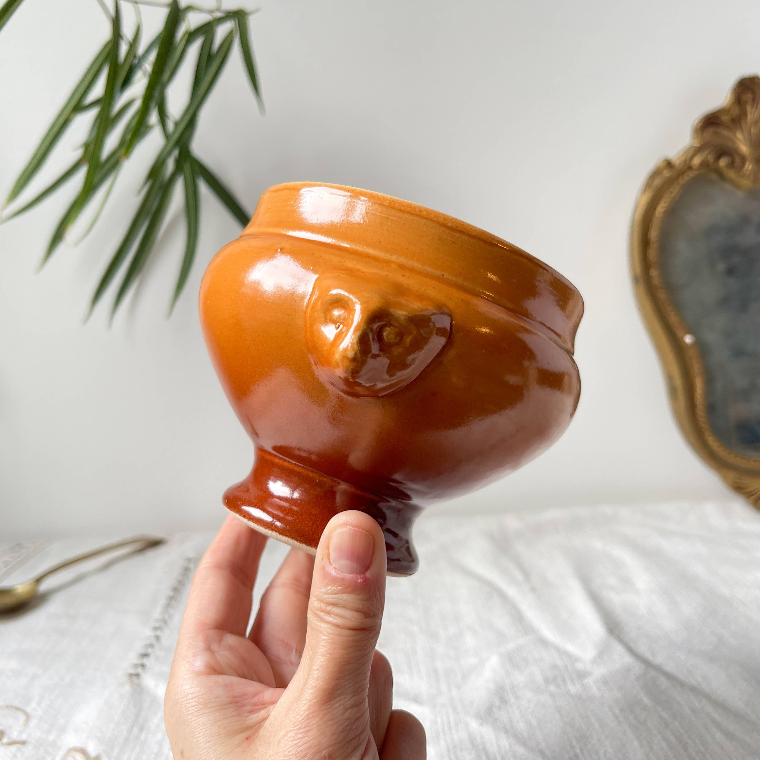 6 vintage Emile Henry ceramic lion head bowls, brown gradient, made in France