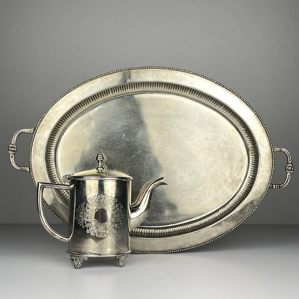 Vintage teapot and tray in solid silver by Royal Sheffield, England, 1950s, Set of 2.