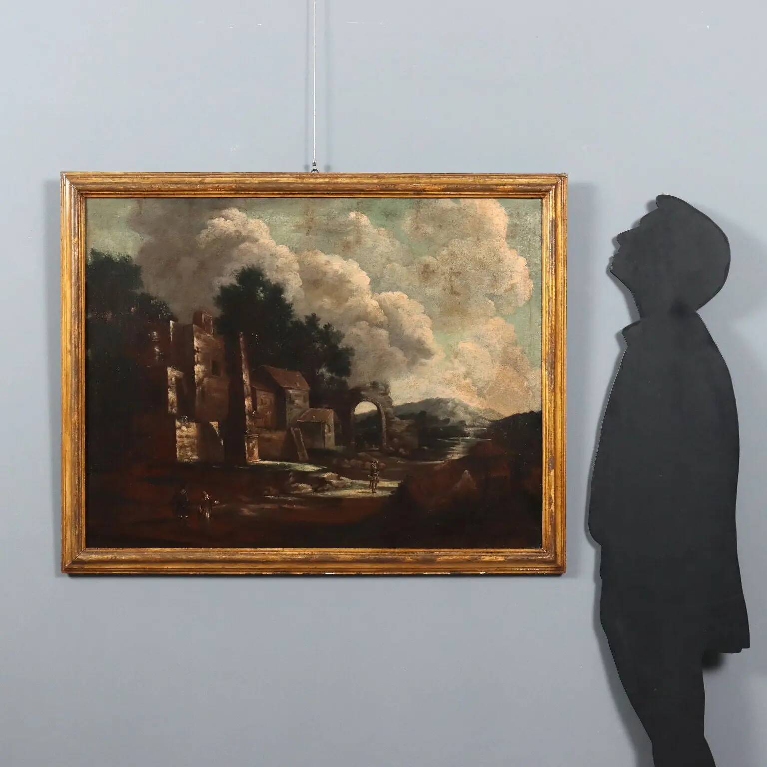 Old painting of landscape and figures, oil on canvas, 18th century.
