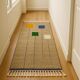 Beige Berber rug, wool, modern square patterns.