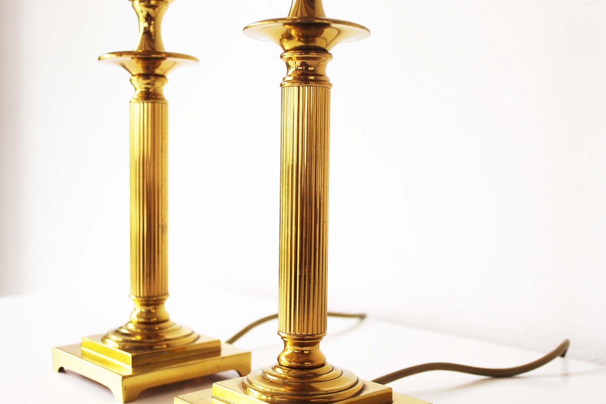 Vintage pair of Brass Column Table Lamps - 1970's Hollywood Regency Lamps