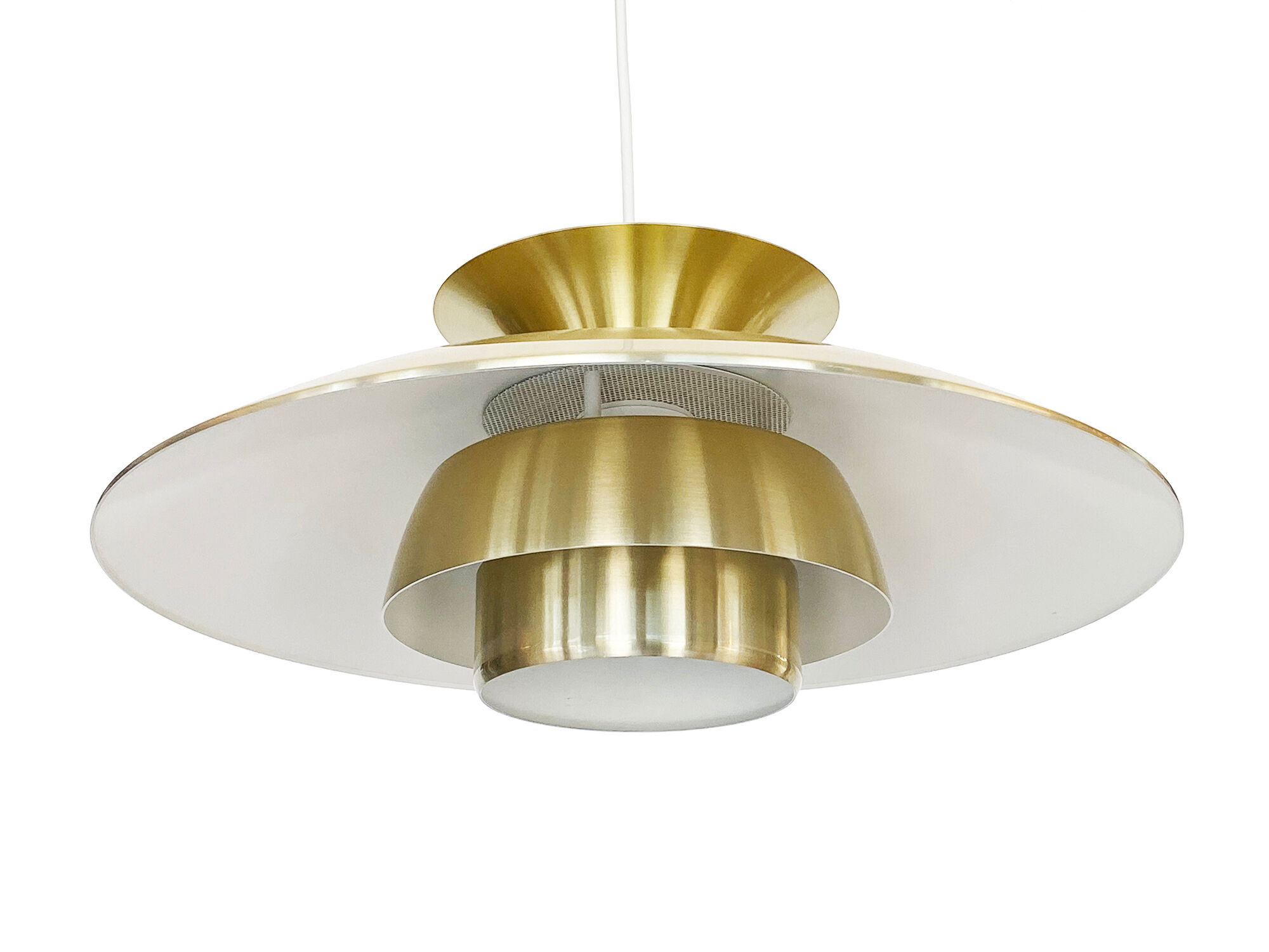 Brushed aluminum pendant light with golden finish, Denmark 1970