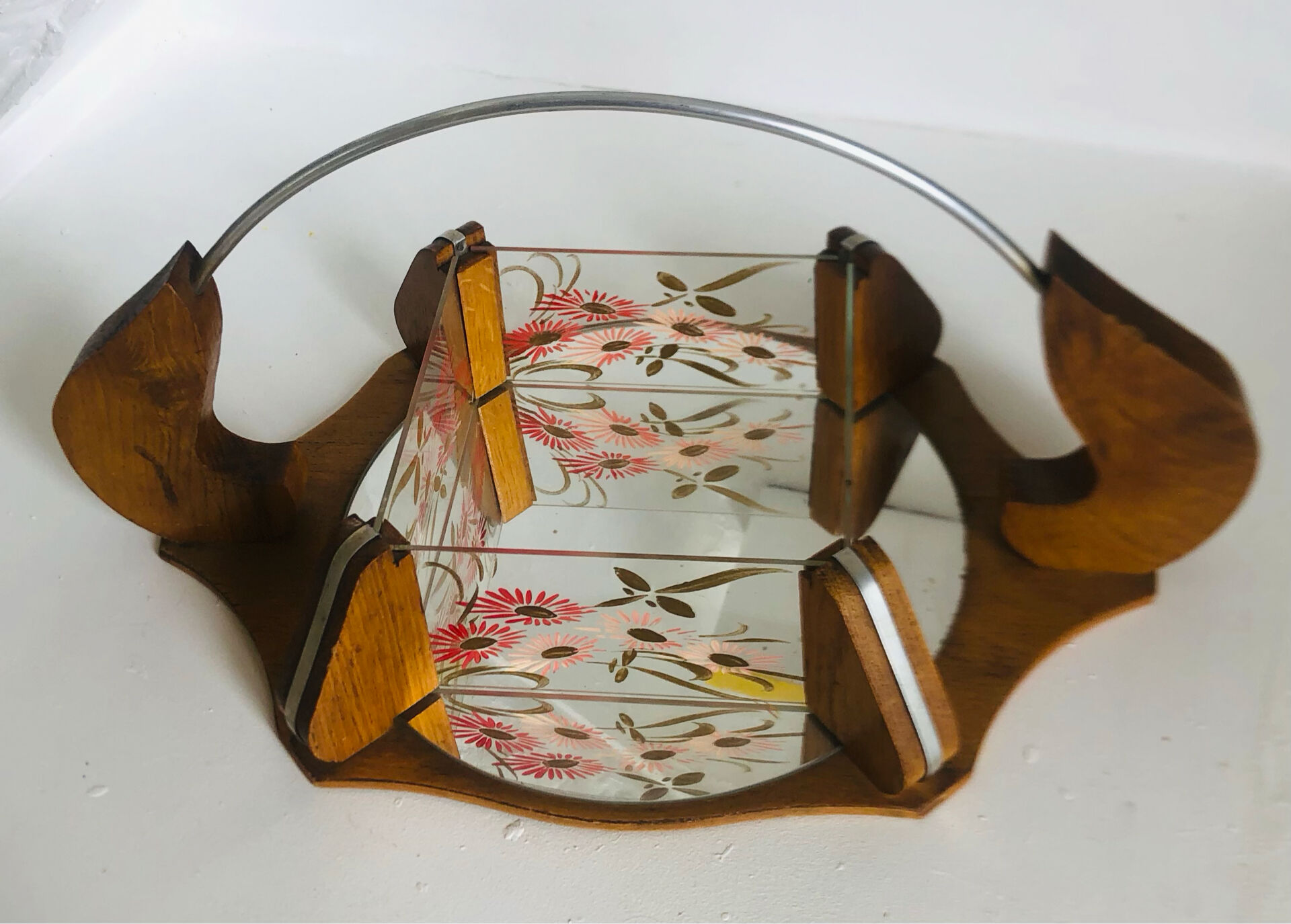 Vintage painted glass tray, wood and mirror