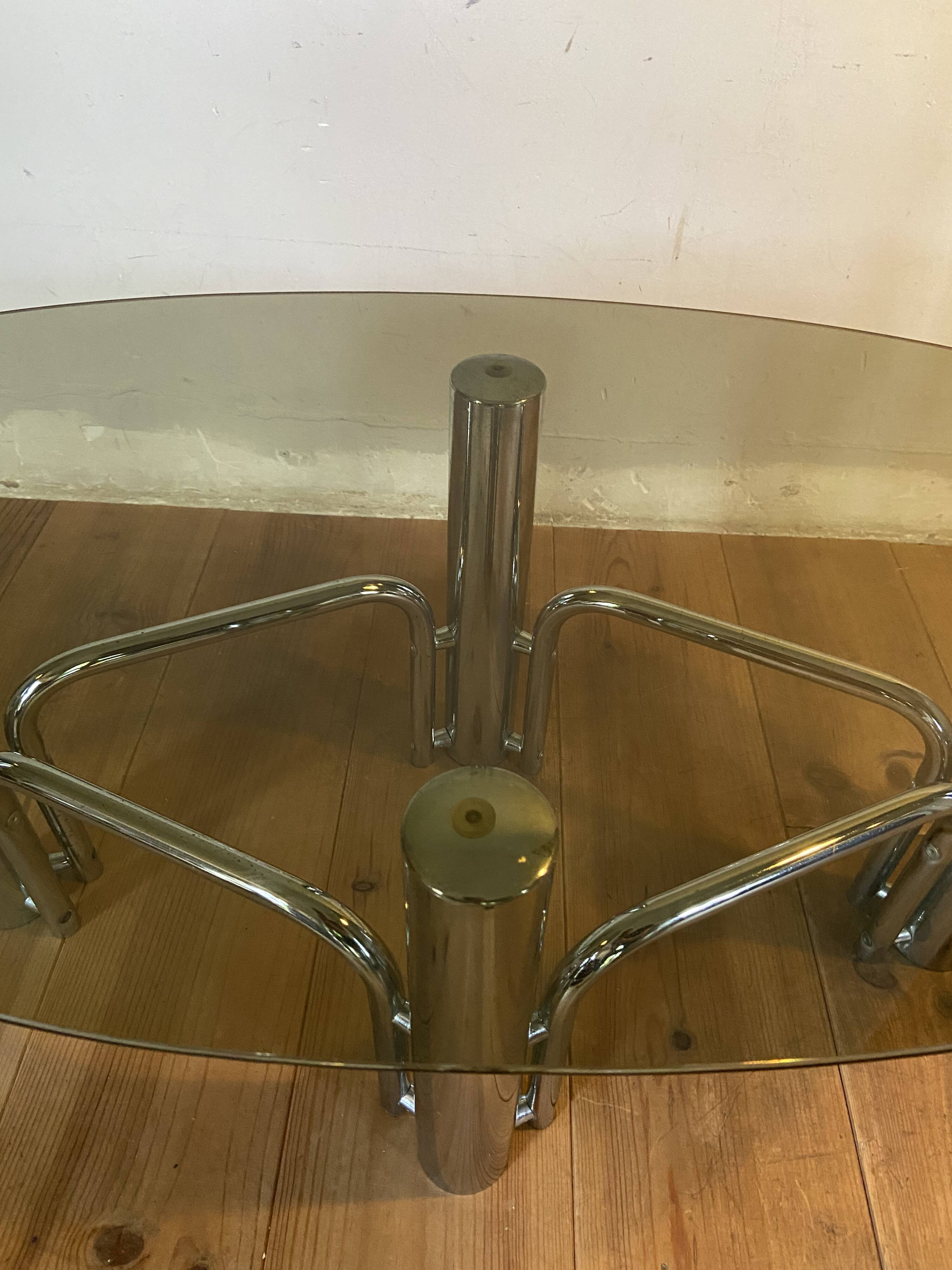 70s chrome and oval smoked glass coffee table