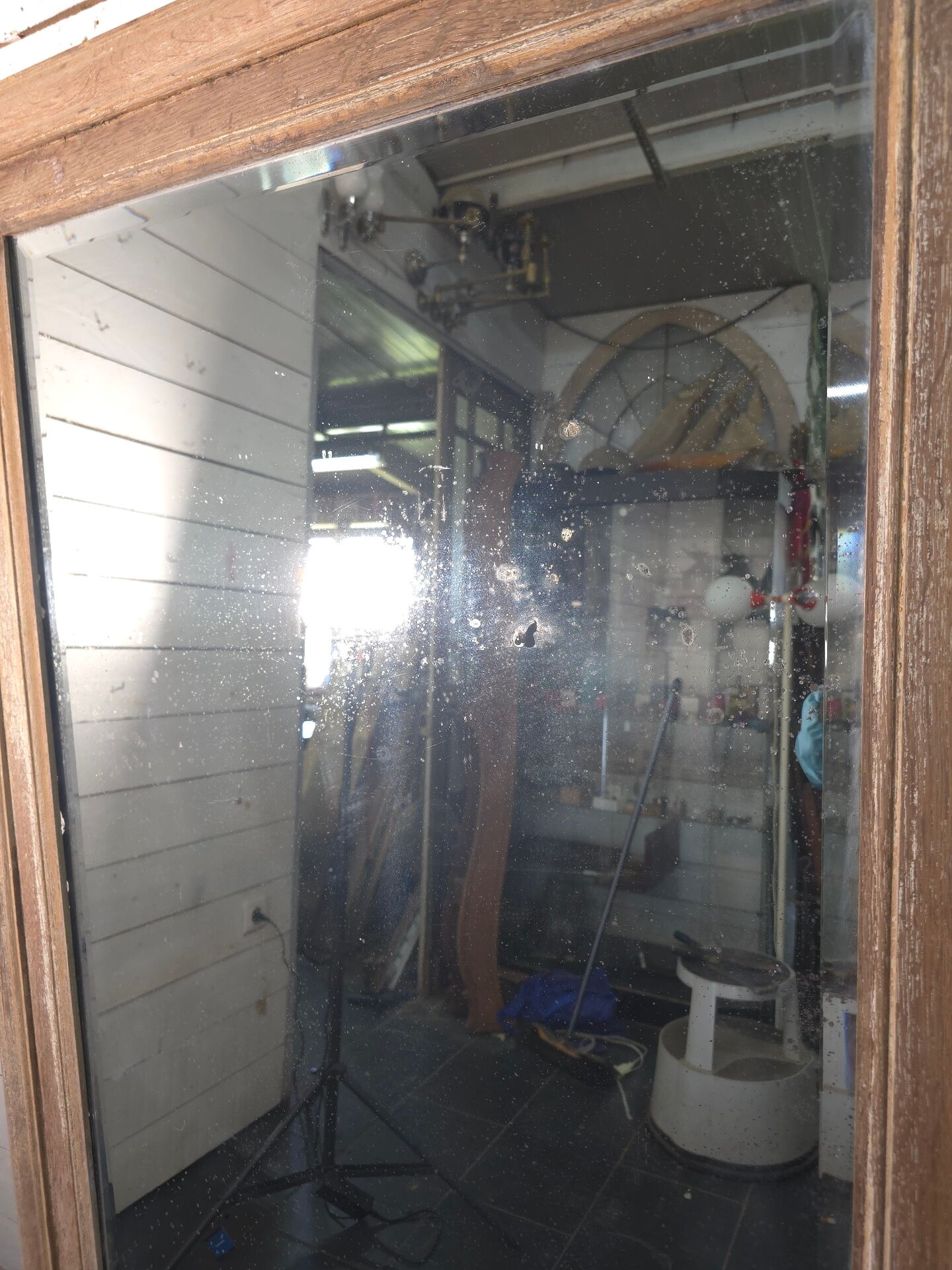 Large bevelled floor mirror in oak