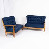 Grande banquette éventail d'angle en chêne, Guillerme et Chambron, 1970s