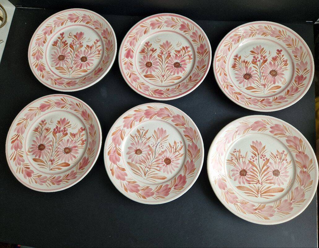 Set of 6 pink and orange HB Quimpert dessert plates