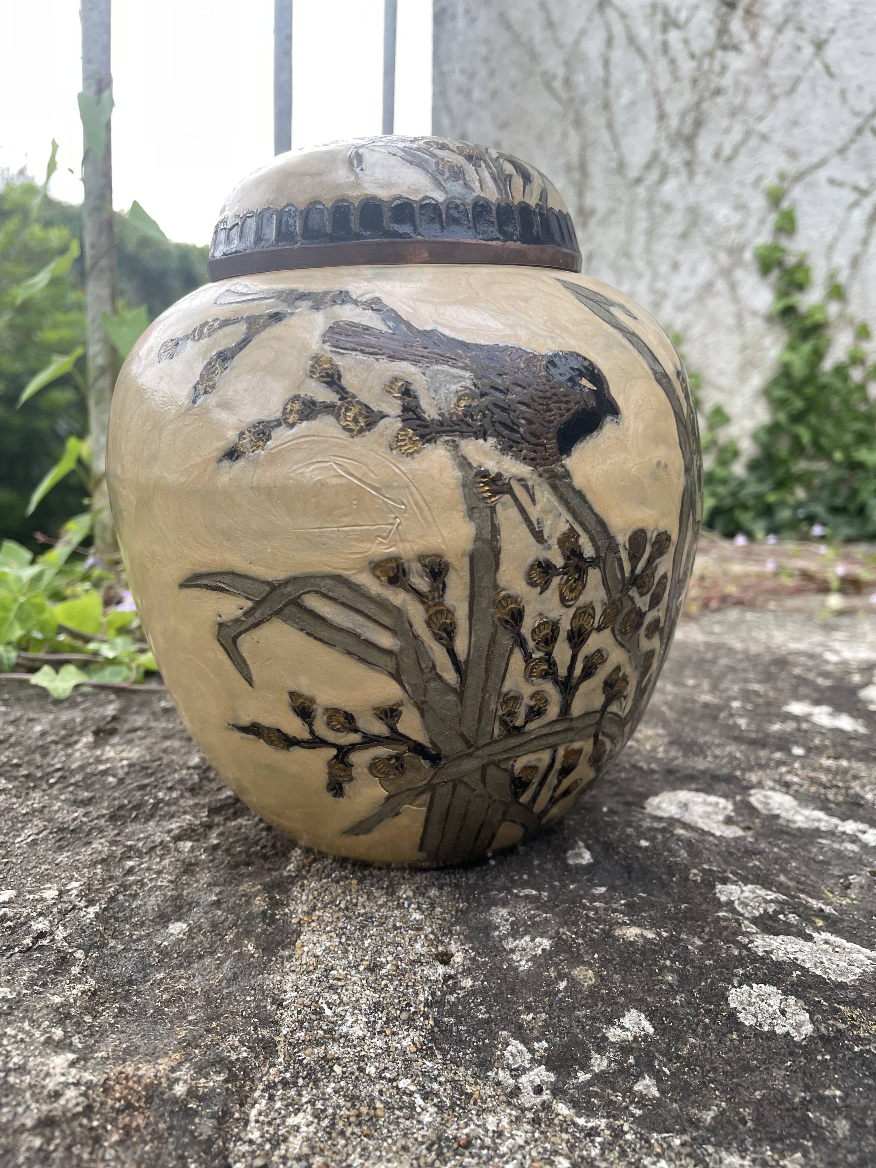 Enameled brass lidded pot