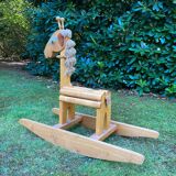Vintage leather and pinewood rocking horse, giraffe, ca. 1970s