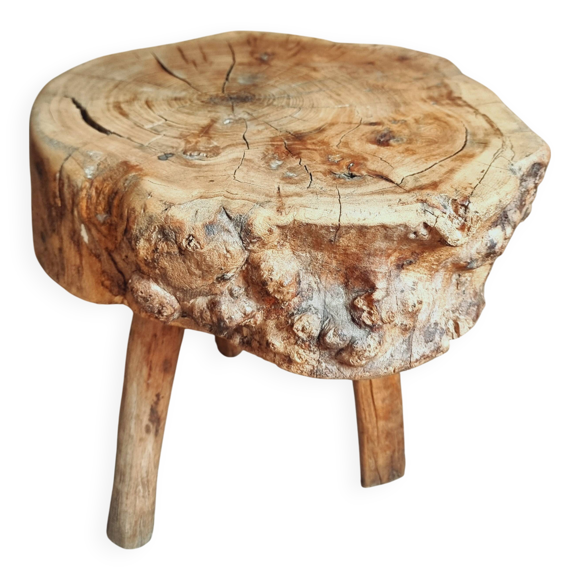 Brutalist stool in solid cherry wood – France circa 1900