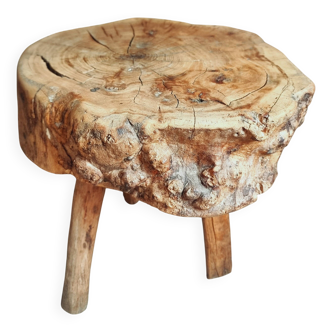 Brutalist stool in solid cherry wood – France circa 1900