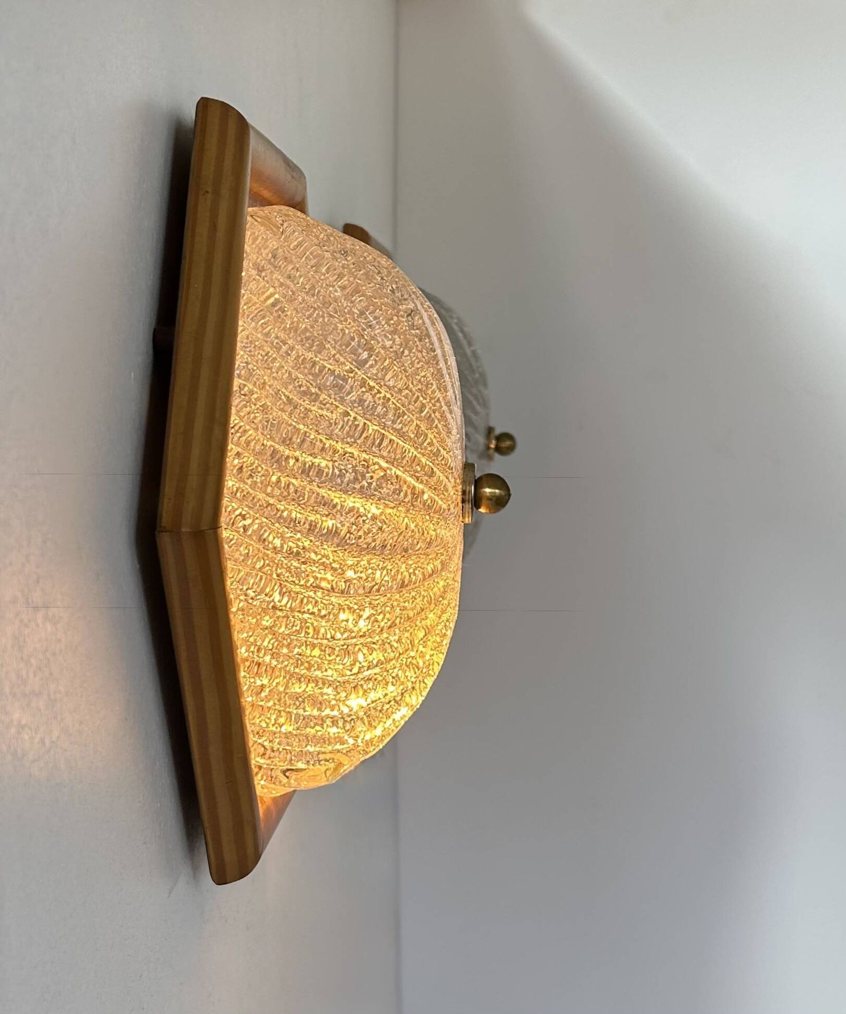 Pair of vintage wall lights, pine and Murano glass, Italy 1980