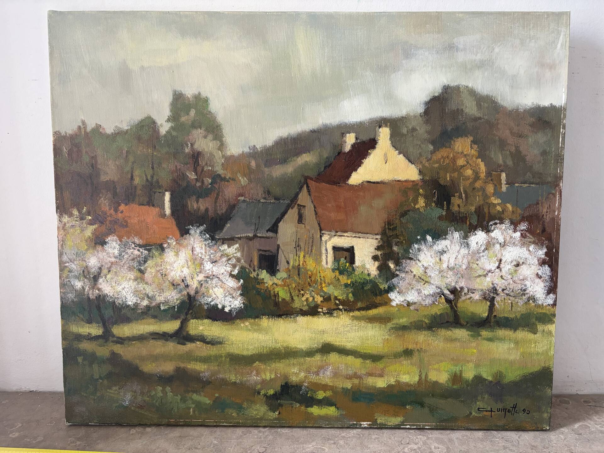 Le printemps au hameau, huile sur toile signé