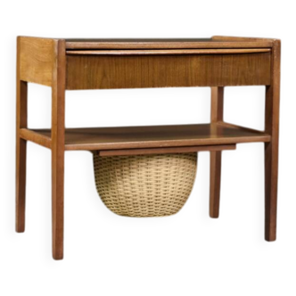 Vintage Mid-Century Danish Modern Teak Thread Side Table with Wicker Basket