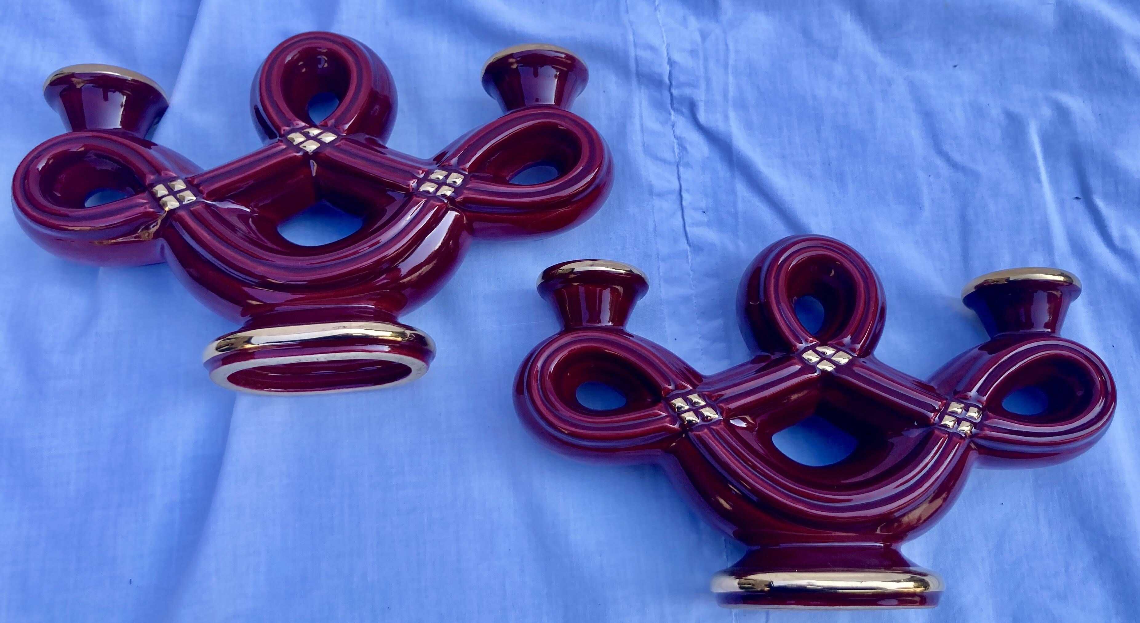 Double Candle Holder Vallauris Vintage Red Burgundy Ceramic Massier Style