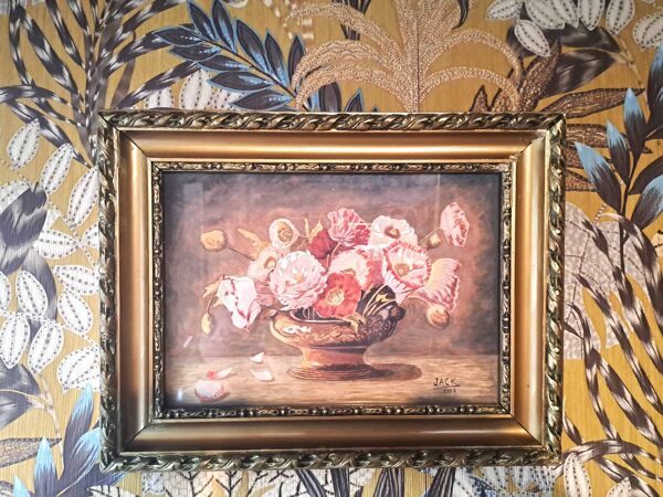 Peinture jack aquarelle nature morte france 1938 coupe florale cadre doré