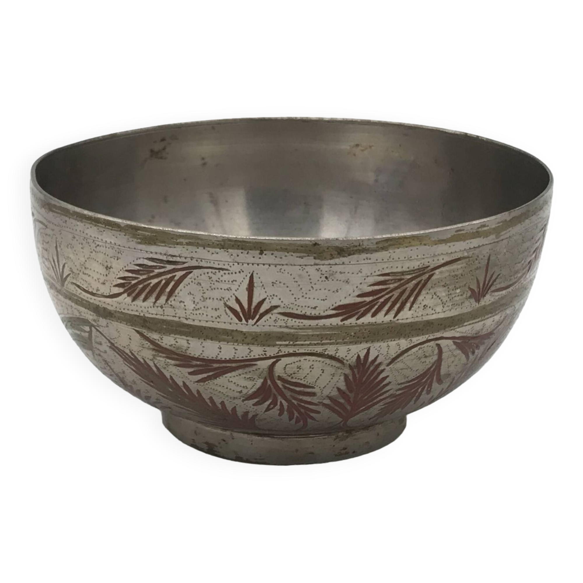 Antique ISLAMIC BOWL in tinned BRASS with engraved decoration and colored patterns