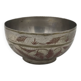 Old ISLAMIC BOWL in tin-plated BRASS with engraving decoration and colored patterns