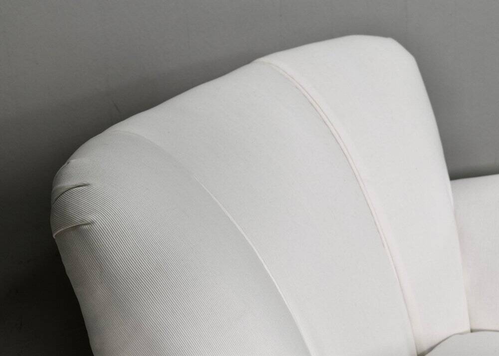 2 sets of Italian armchair with pouf in white fabric, Italy, 1940s