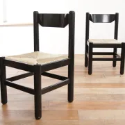 Set of 2 black rush dining chairs – Magistretti / Perriand style, 1970s