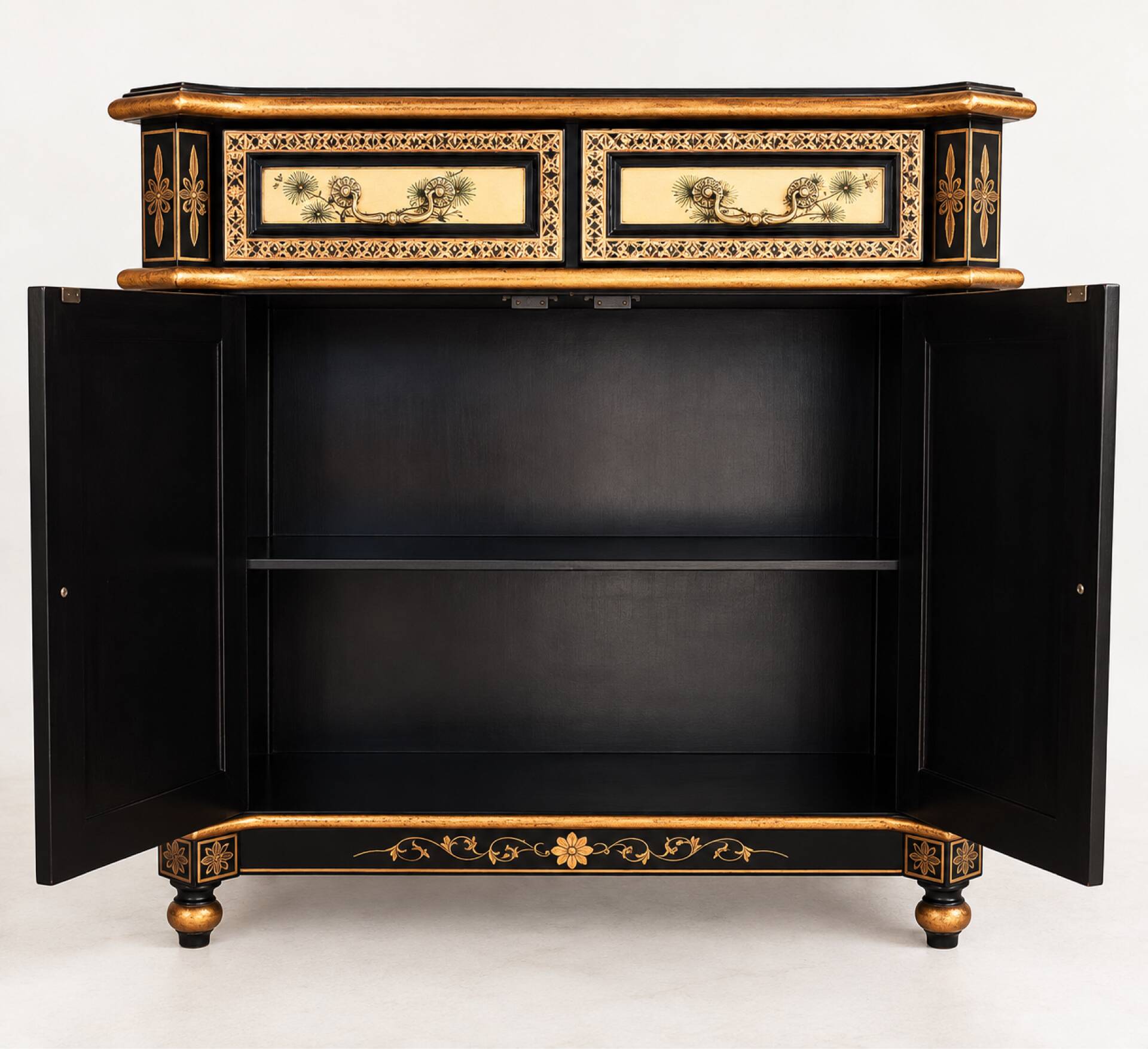 Cabinet chinoiserie de grues en laque noire et dorée, peint à la main
