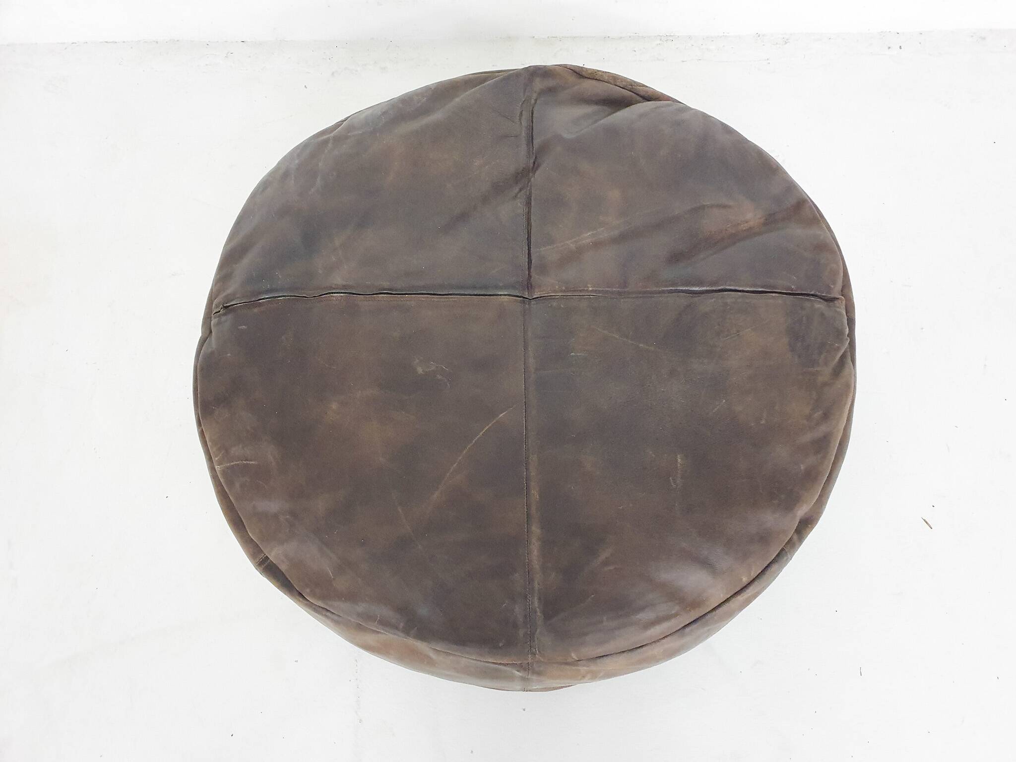 Large vintage round leather ottoman, The Netherlands