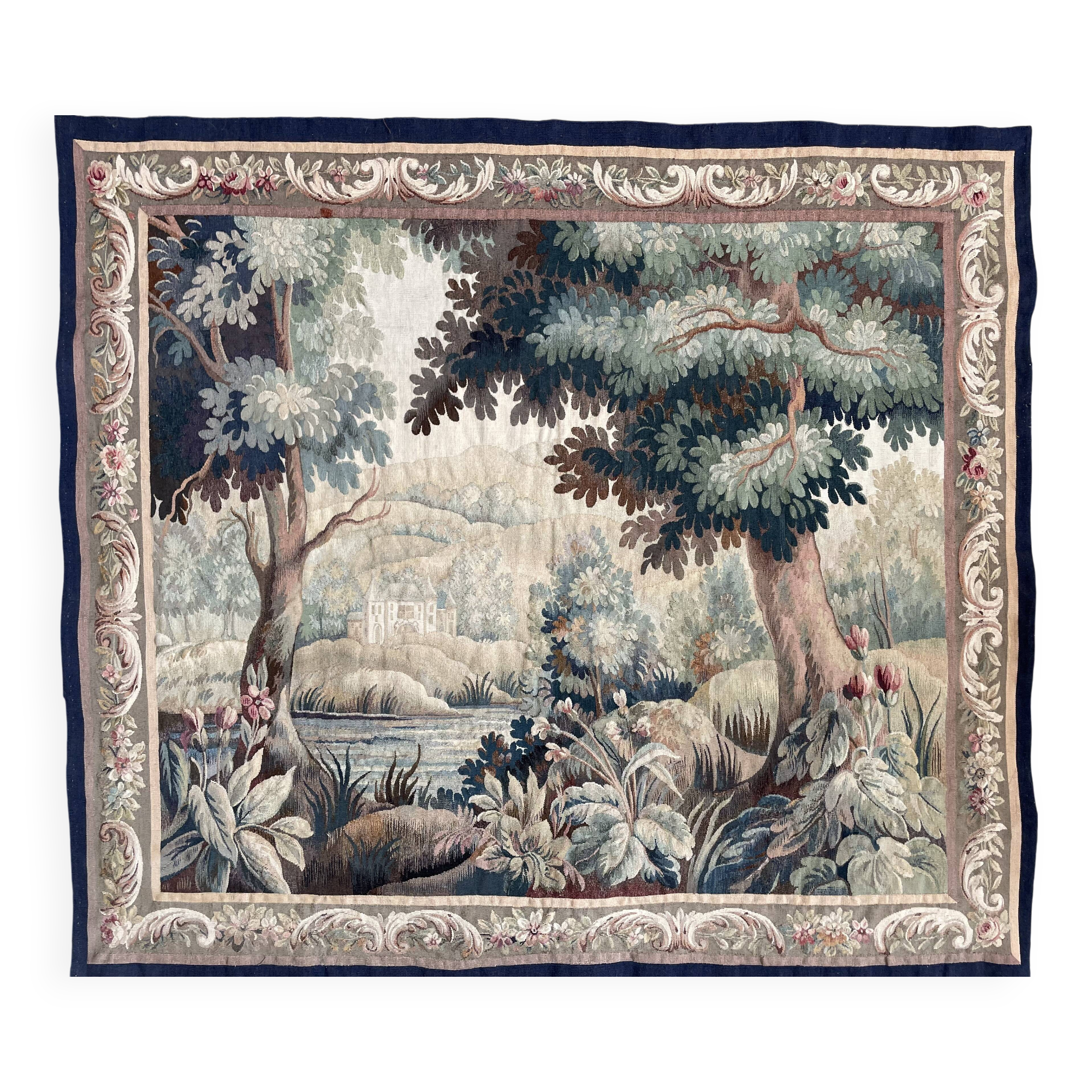 Aubusson tapestry late 19th century, landscape-greenery-castle, wool and silk