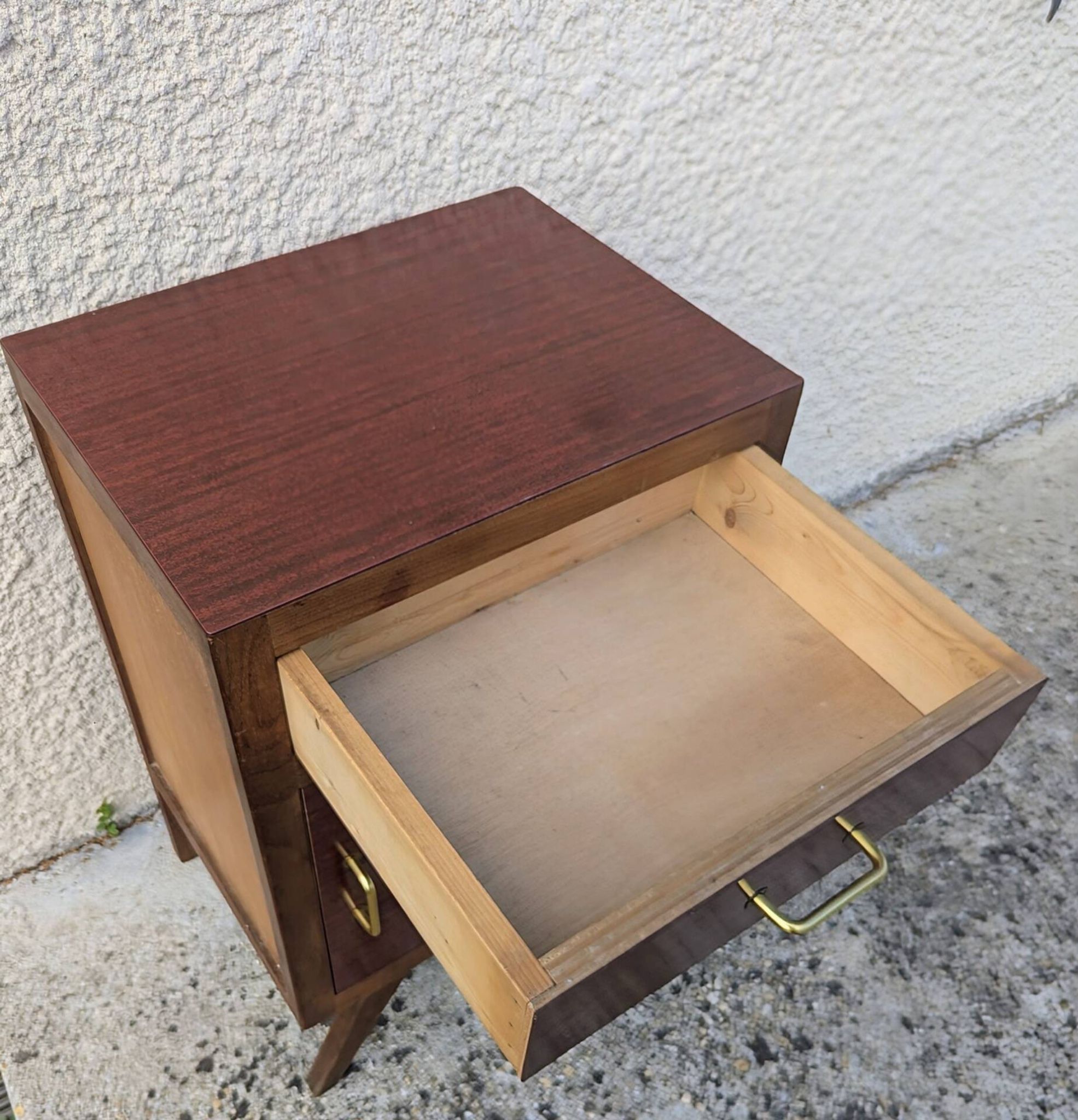 Vintage bedside table from the 50s and 60s with compass legs, Mid Century.