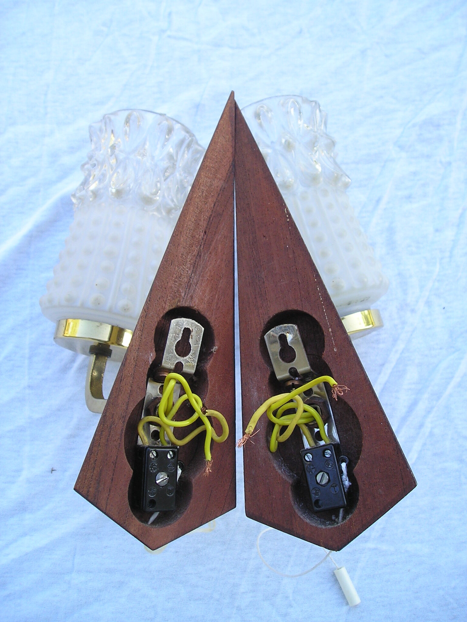 Paire d'appliques vintage en verre, laiton et bois des années 70