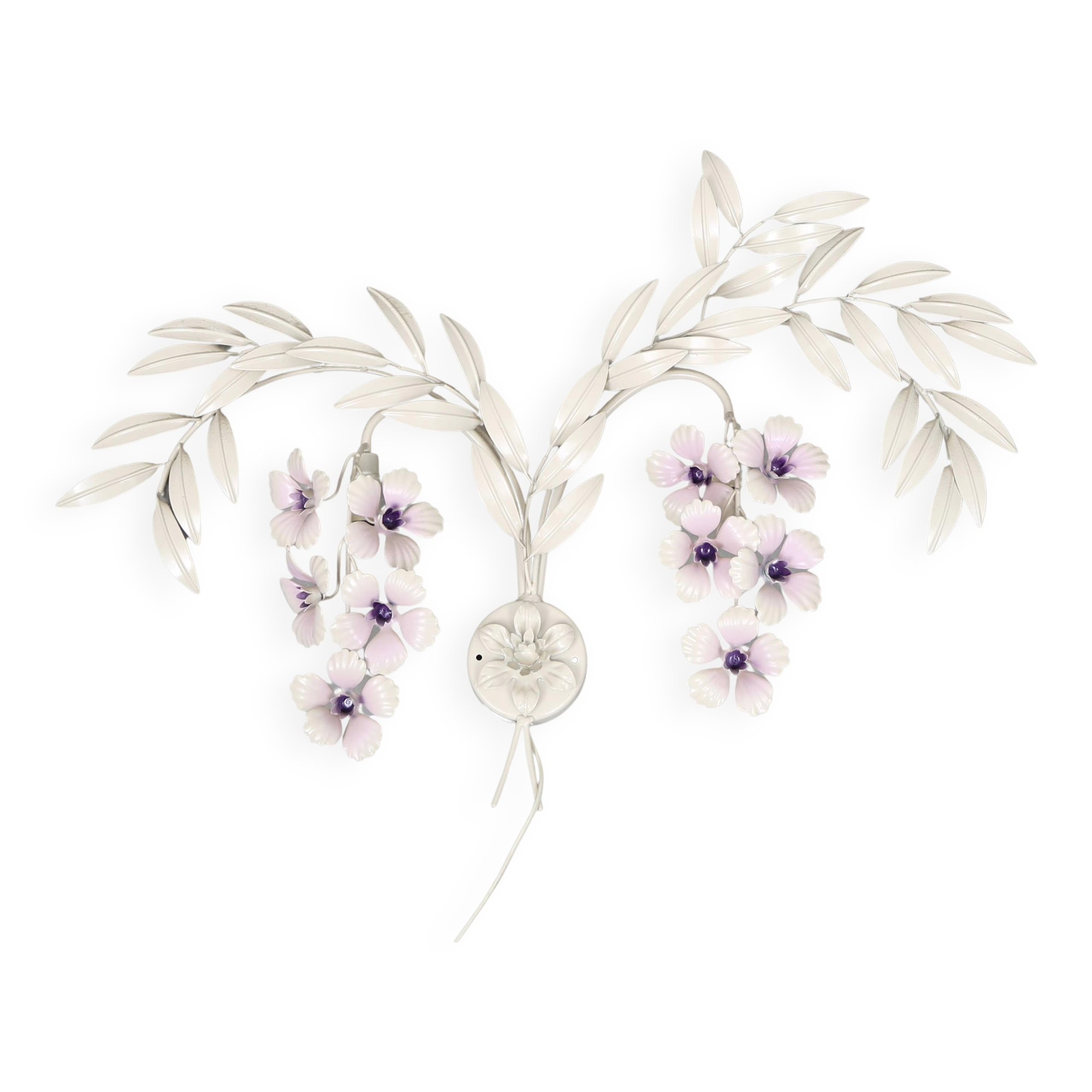 Hollywood Regency Cream White Metal Floral Leaf Wall Lamp