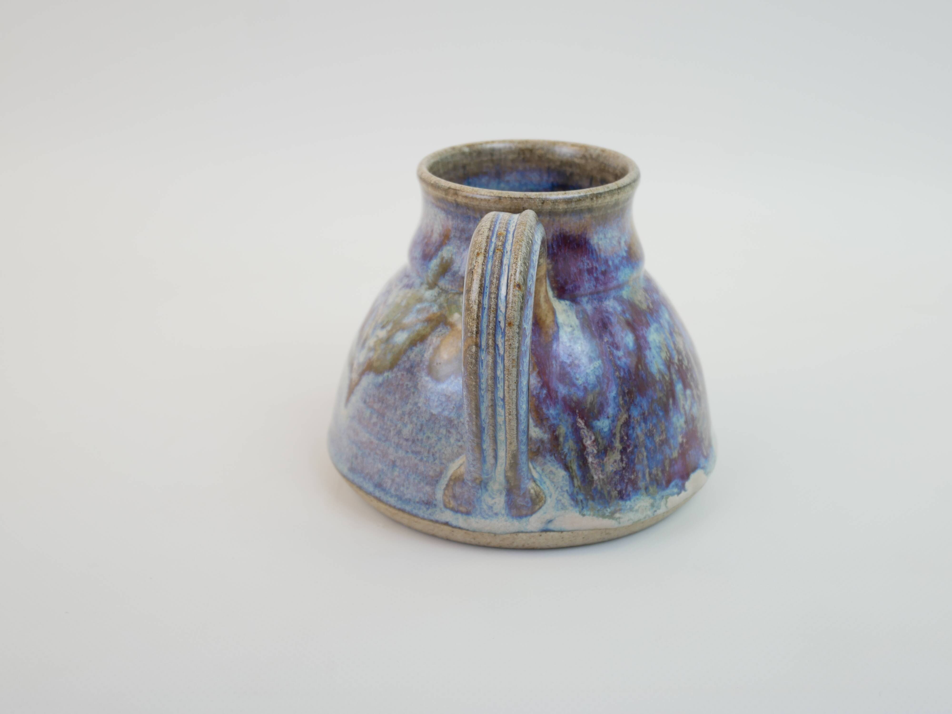 signed blue purple enamel ceramic pitcher