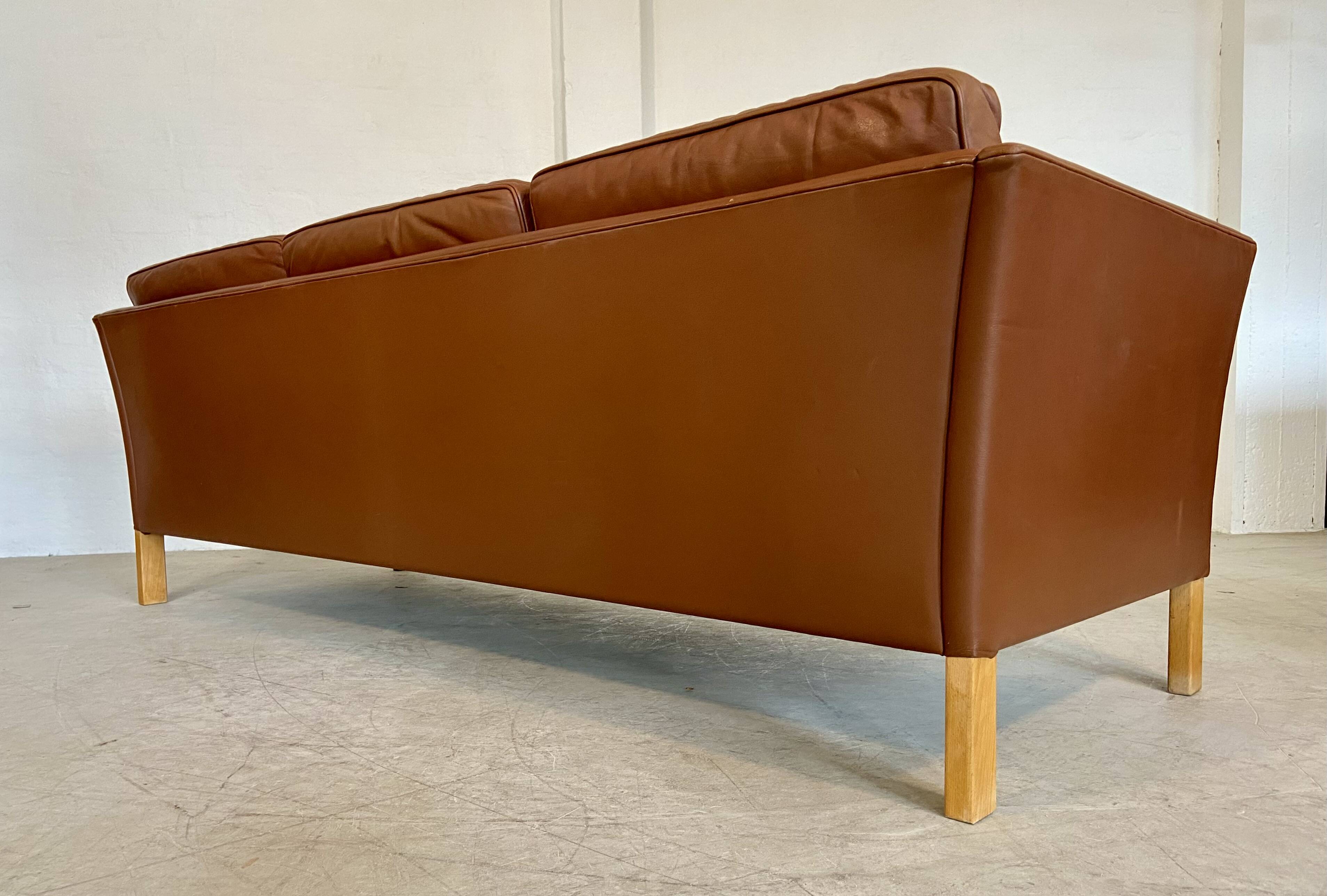 Vintage danish mid century mogens hansen 3 person cognac leather sofa 1960,s