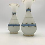 Pair of ancient opaline vases, flower decoration and blue and gold fillets - Circa 1900