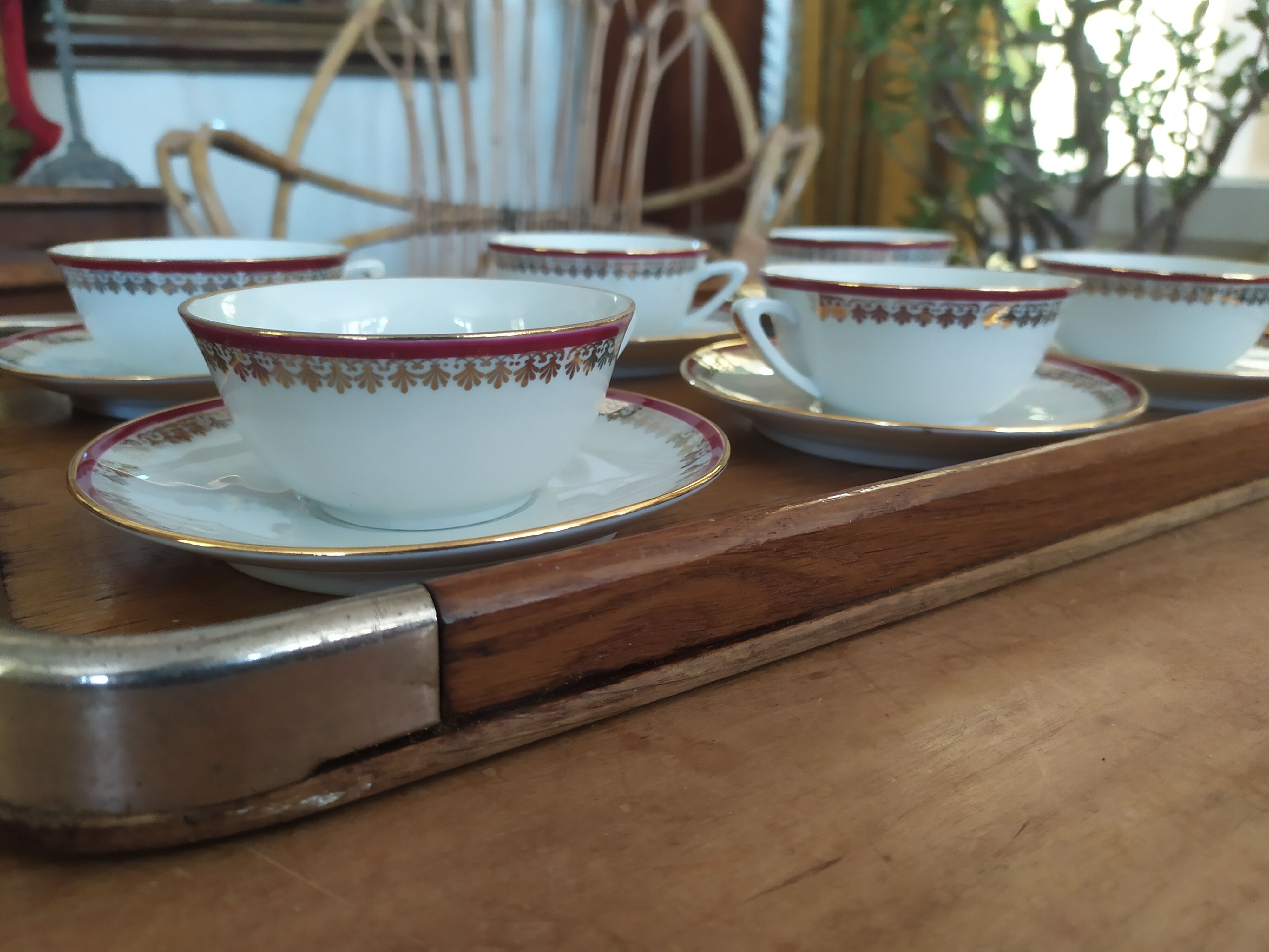 6 Pillivuyt pink and gold porcelain coffee cups