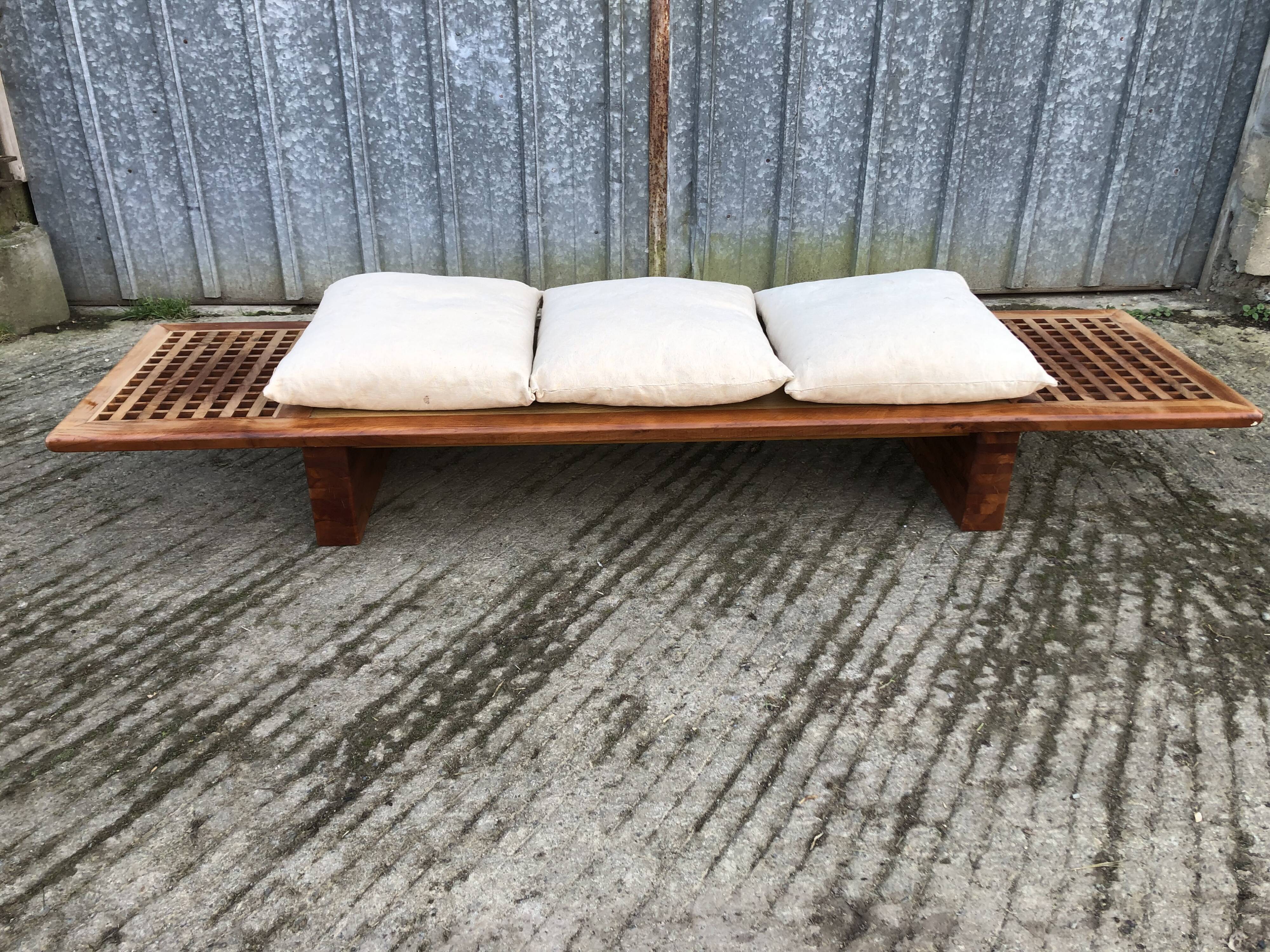 Vintage Yew Wood Bench with 3 Cushions
