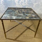 Side table with oxidised metal mirror top on a brass frame, France, 1960s.