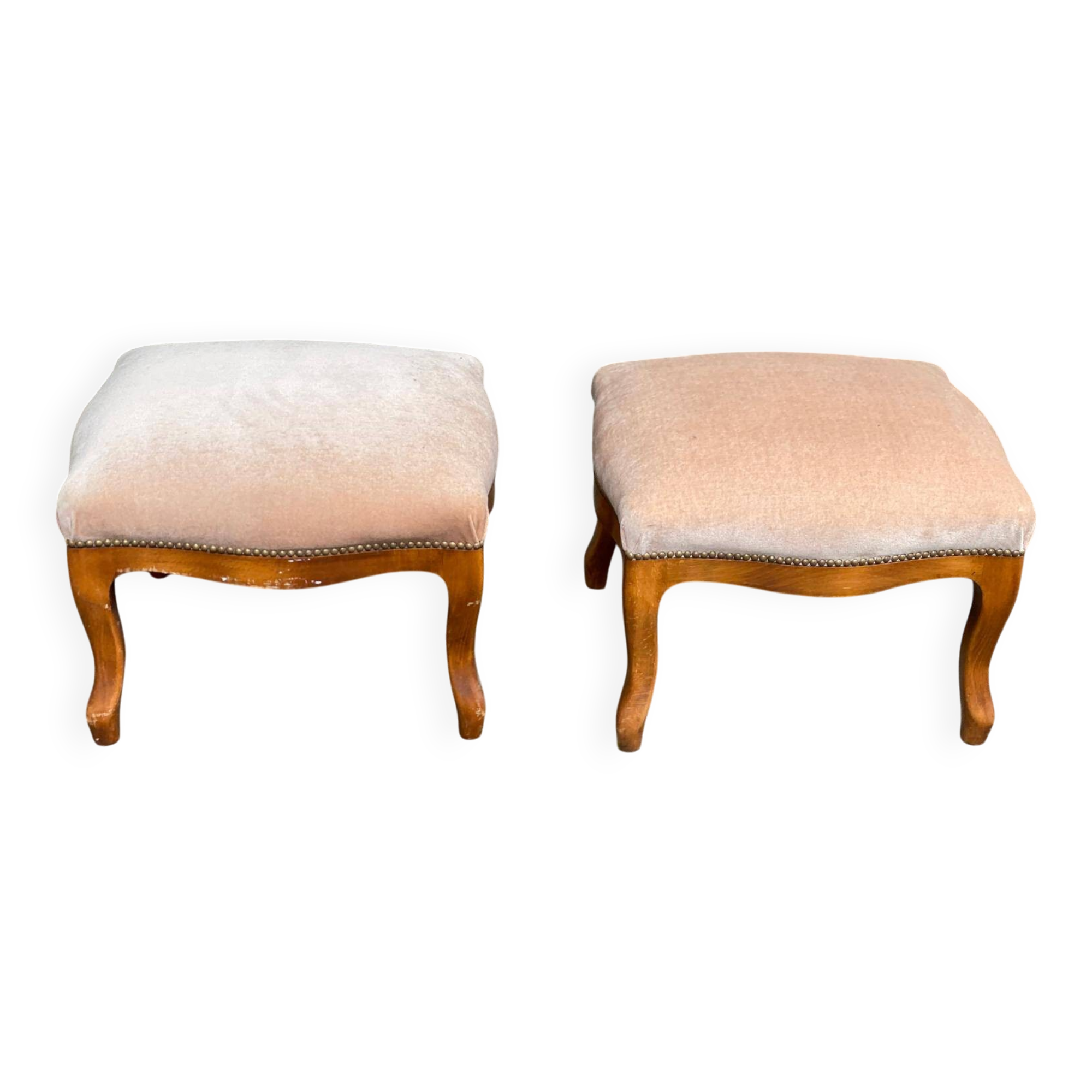 Pair of vintage Louis XV beige velvet footstool pouffes