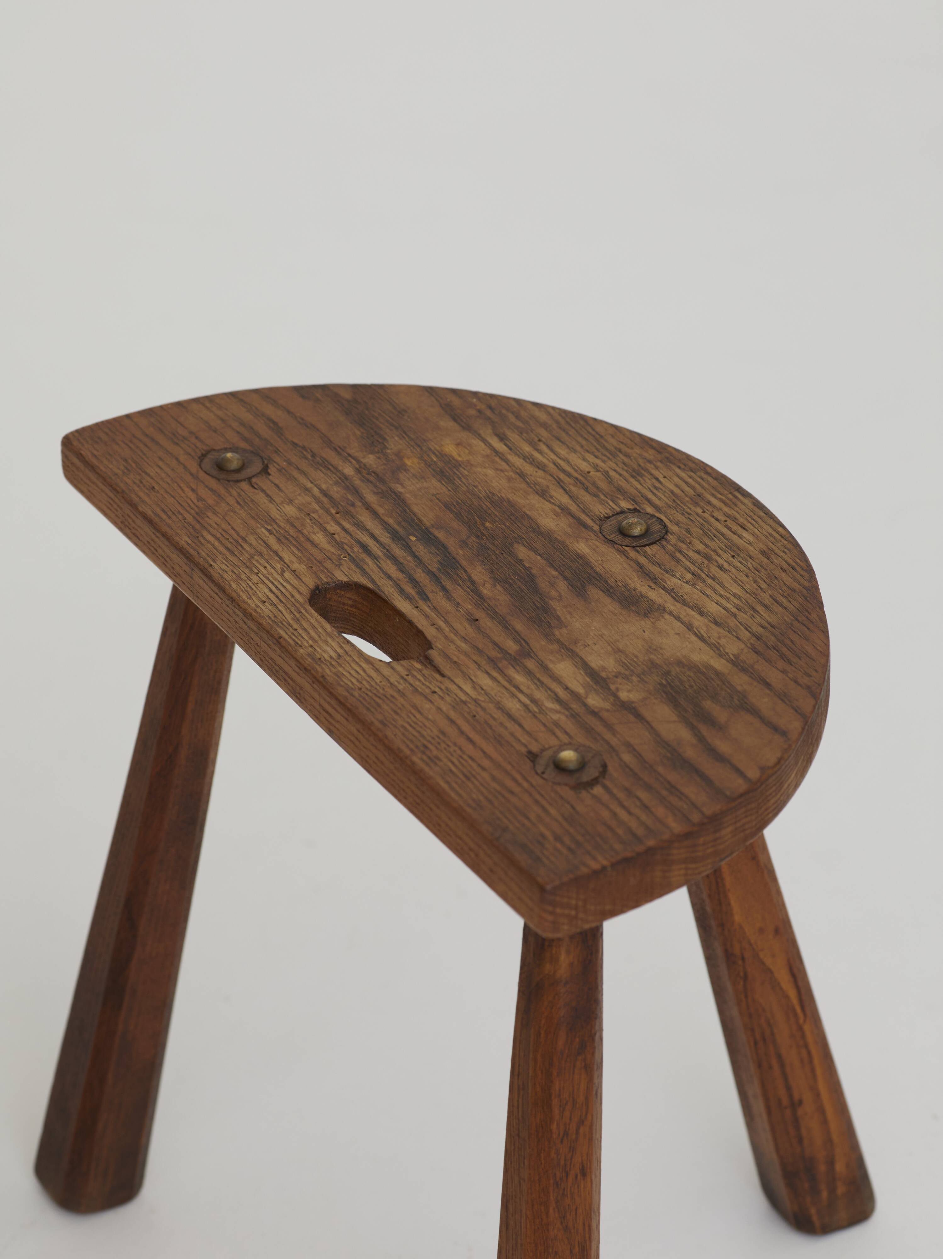 2 vintage solid wood half-moon tripod stools, circa 1950