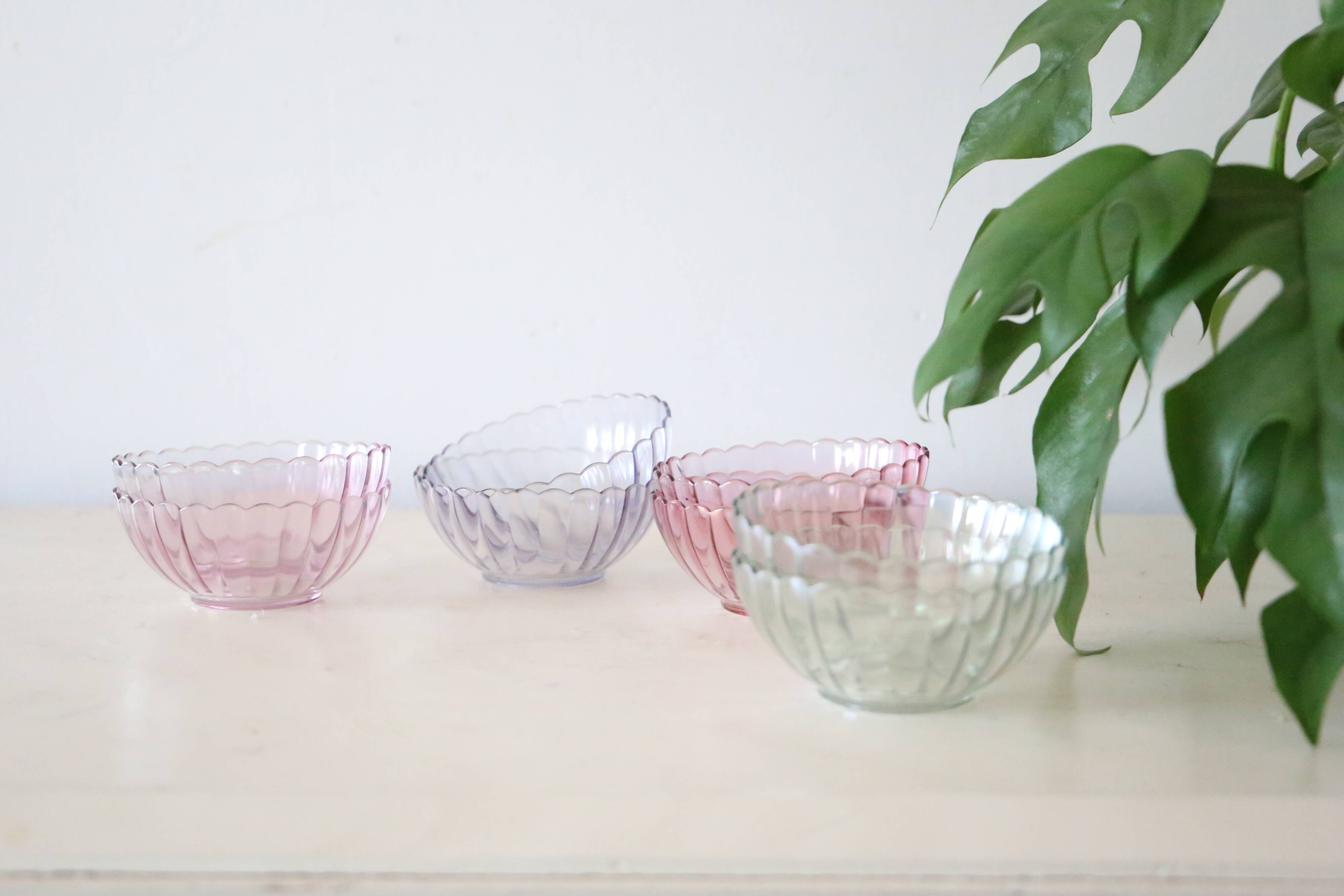 Set of 8 small bowls in pink, green and blue glass Rosaline, Arcoroc, vintage French, vintage