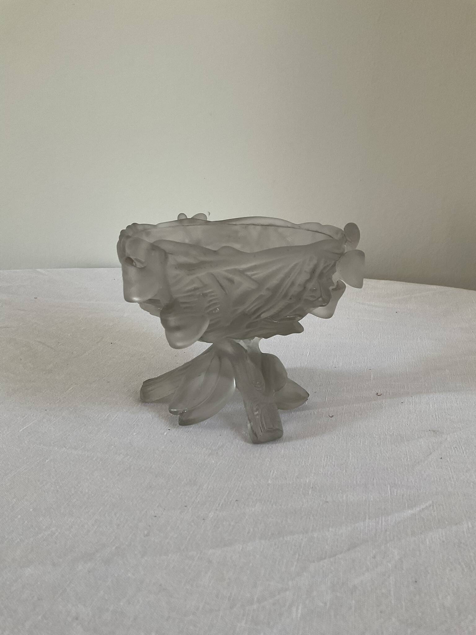 Vintage frosted glass coupe with a fruit and foliage design.
