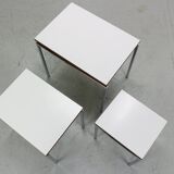 White Nesting Table Set with chrome frame and wood detail, 1970s